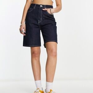 Weekday Dandy Wide Leg High Rise Long Line Denim Shorts Rinse Blue - 28